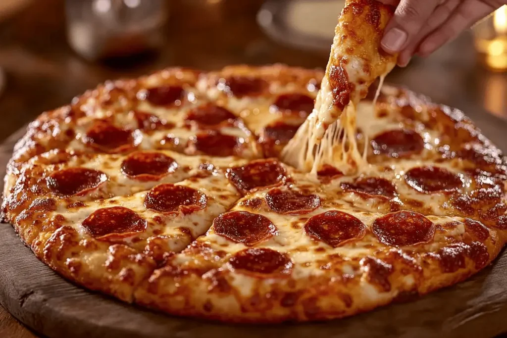 Pepperoni pizza on a wooden board with melted cheese
