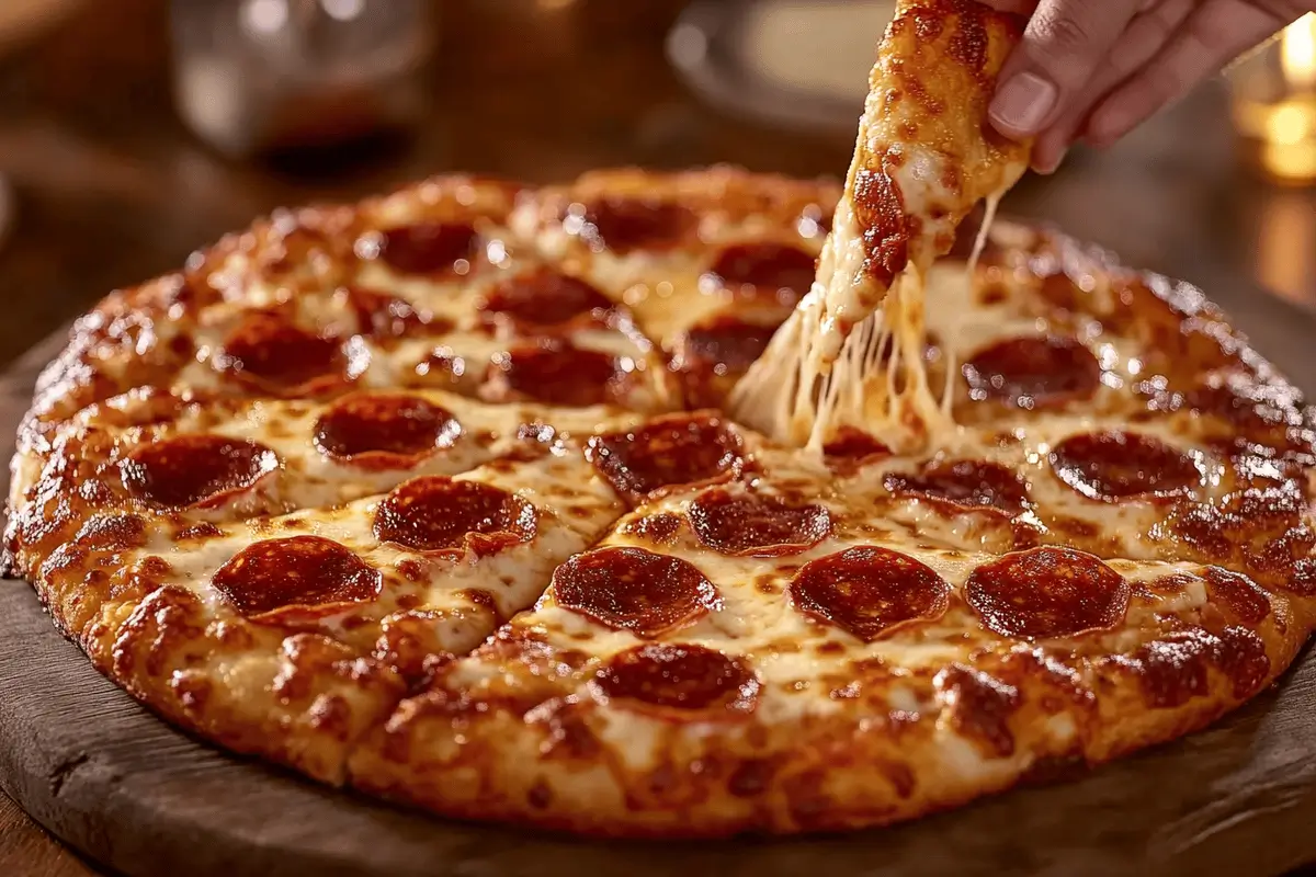 Pepperoni pizza on a wooden board with melted cheese