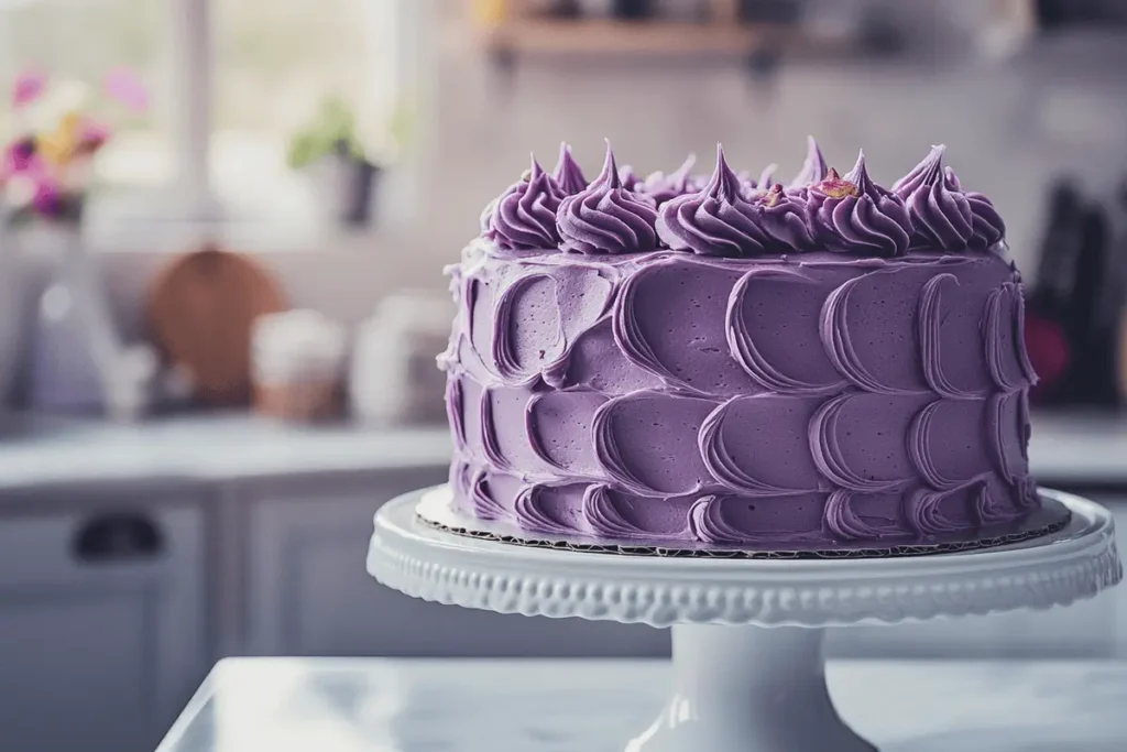 Purple velvet cake on a white cake stand with floral accents