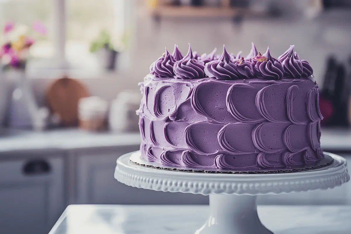 Purple velvet cake on a white cake stand with floral accents