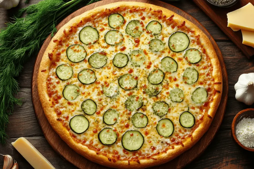 Freshly baked pickle pizza with dill pickles and cheese