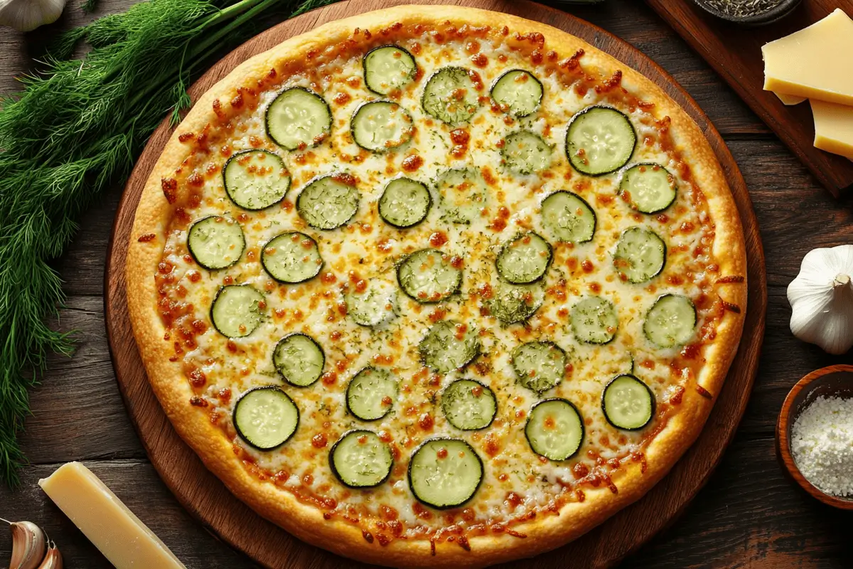 Freshly baked pickle pizza with dill pickles and cheese