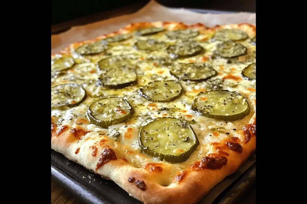 Freshly baked pickle pizza with dill pickles and ranch drizzle