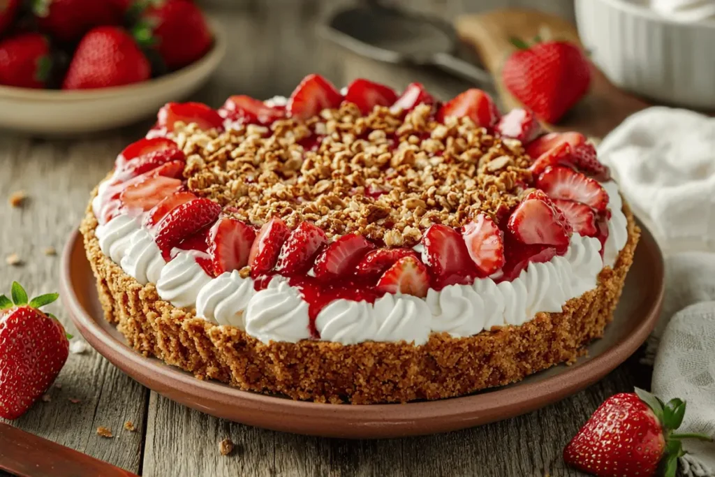 Baked strawberry crunch cheesecake with fresh strawberries