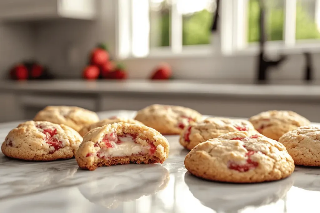 Freshly baked strawberry cheesecake cookies with cheesecake filling