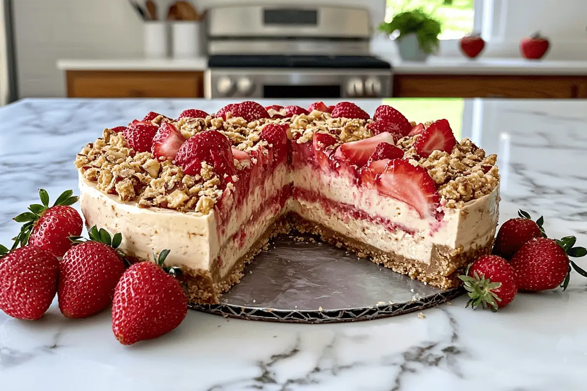 No-bake strawberry crunch cheesecake on a marble countertop