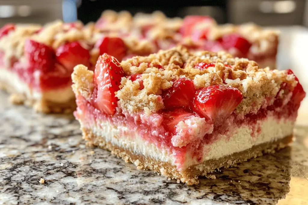 Close-up of strawberry crunch cheesecake bars with a crunchy