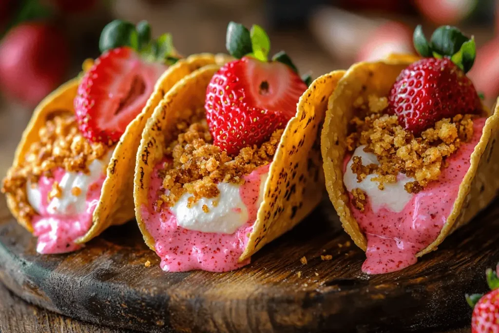 Strawberry Crunch Cheesecake Tacos with fresh strawberries