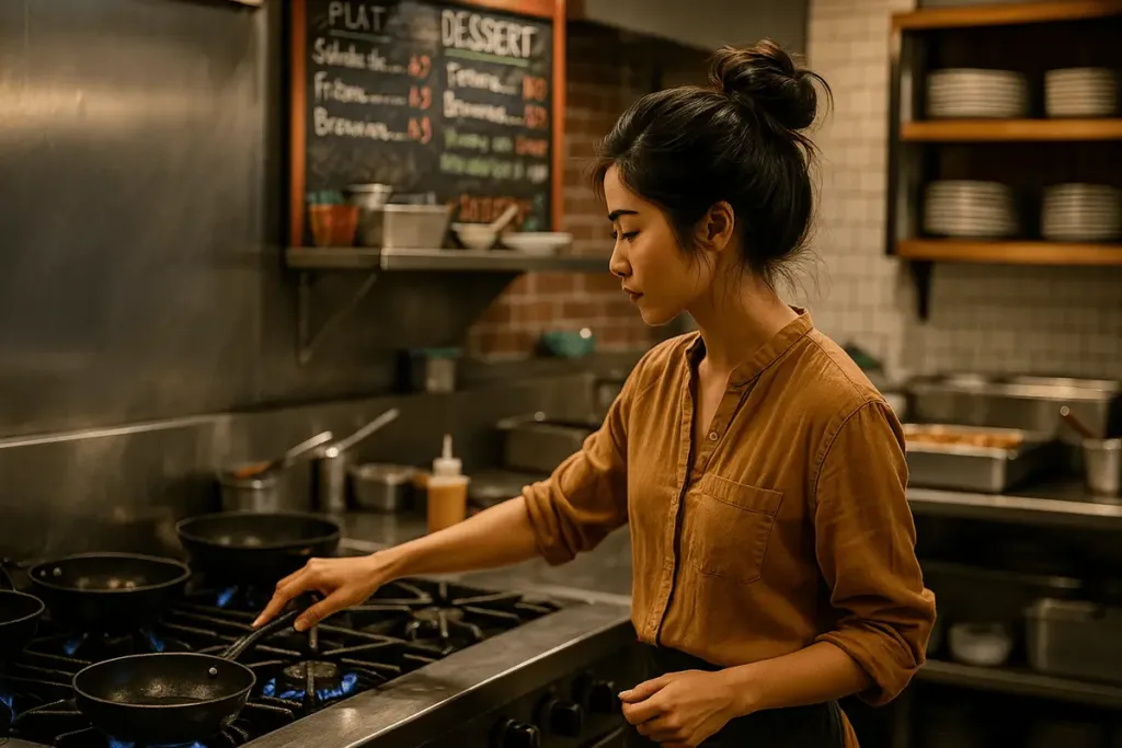 Female chef cooking on a gas stove in a professional restaurant kitchen.