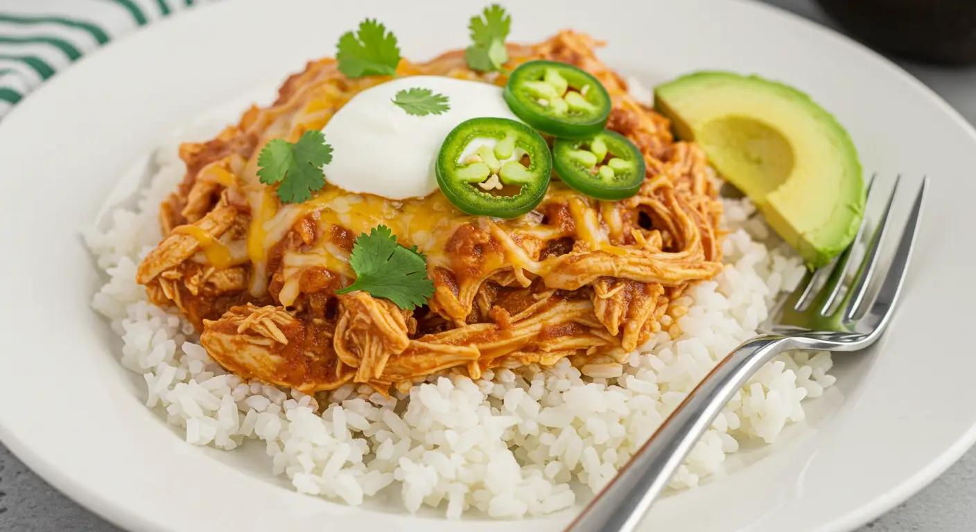 Serving Crockpot Chicken Enchilada Casserole with rice and toppings