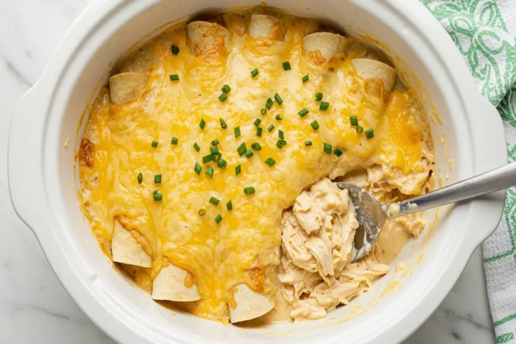 creamy chicken enchiladas in the crockpot on a plate