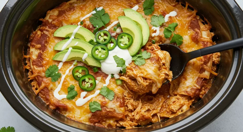 Crockpot Chicken Enchilada Casserole fresh from slow cooker