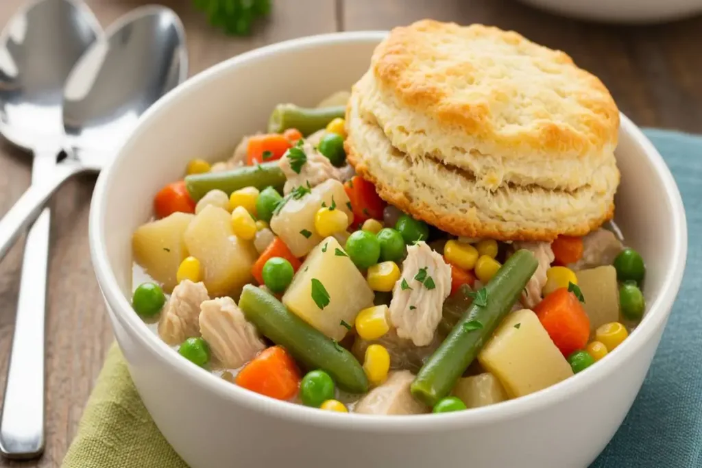 Crockpot Classic Chicken Pot Pie with golden biscuit topping