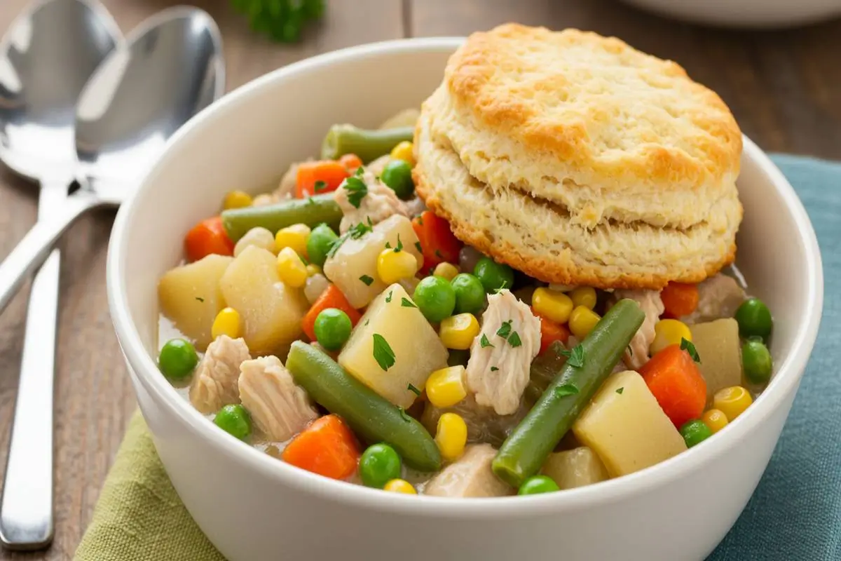 Crockpot Classic Chicken Pot Pie with golden biscuit topping