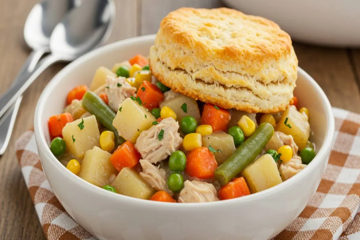 Serving Crockpot Classic Chicken Pot Pie with puff pastry