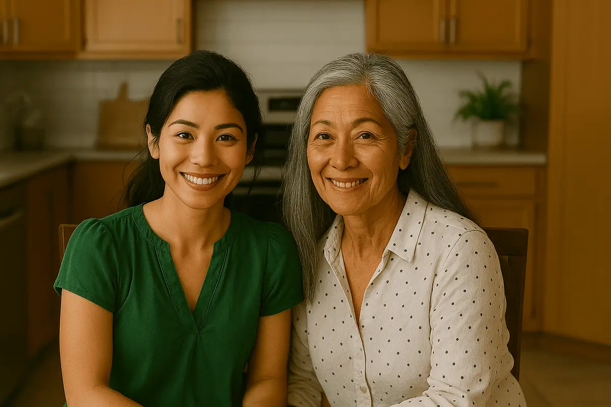 Portrait of mother and daughter smiling together in a home kitchen.