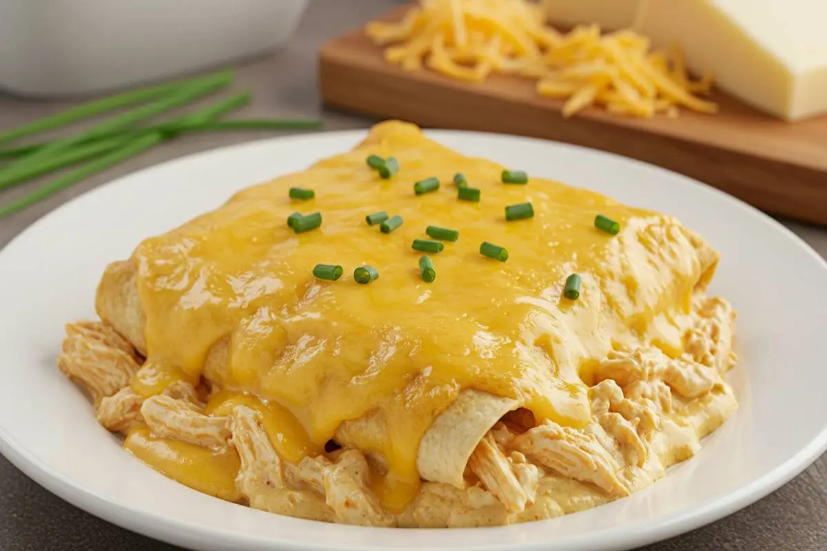 recipe card for creamy chicken enchiladas in the crockpot