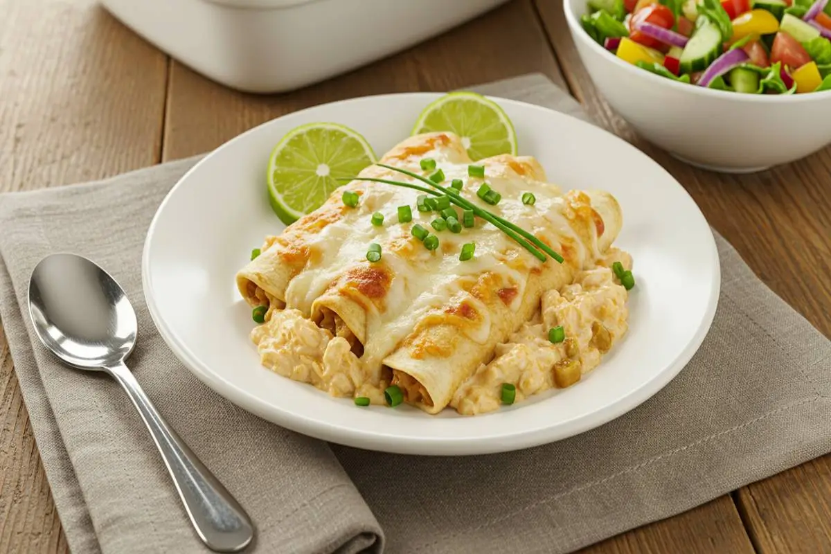 serving creamy chicken enchiladas in the crockpot with salad