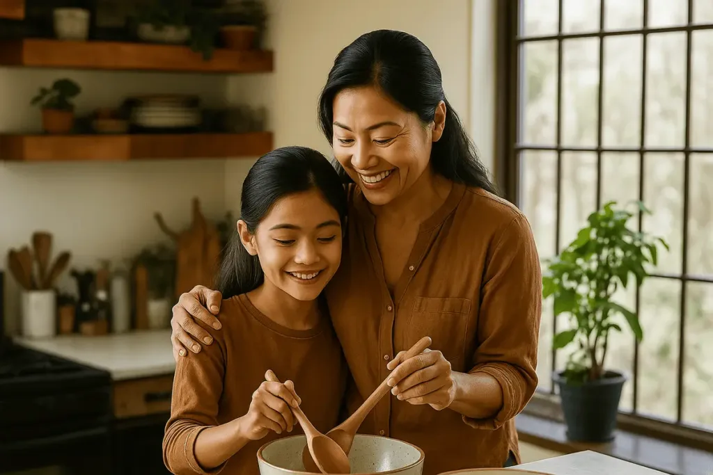 Mother teaching daughter how to cook in a cozy home kitchen.