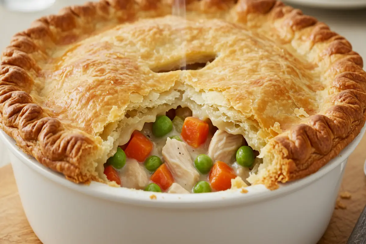 Golden chicken pot pie with slice missing, creamy chicken, peas, carrots.