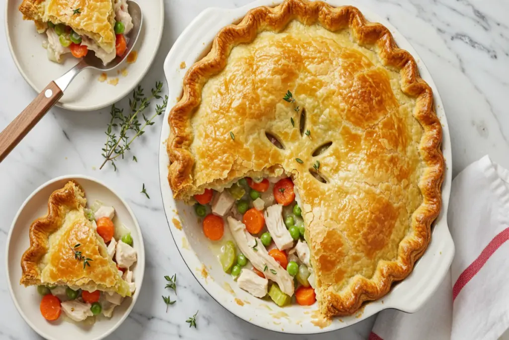 Golden chicken pot pie with a slice removed, creamy chicken, peas, and carrots.