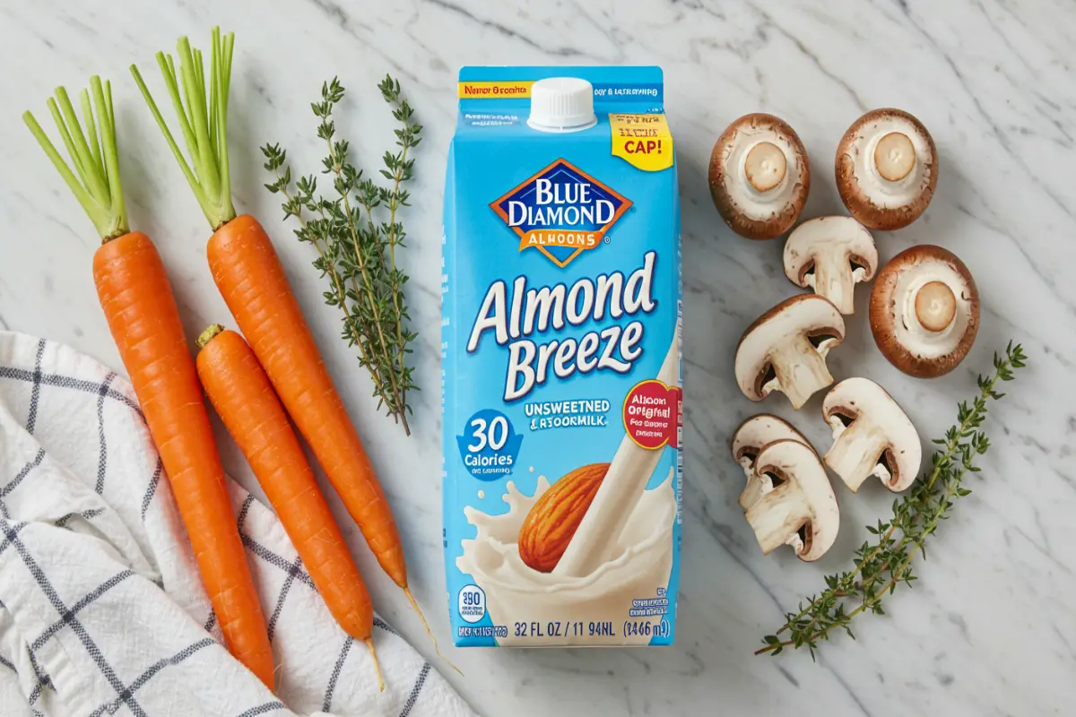 Almond Breeze milk carton with carrots, mushrooms, and thyme on marble.