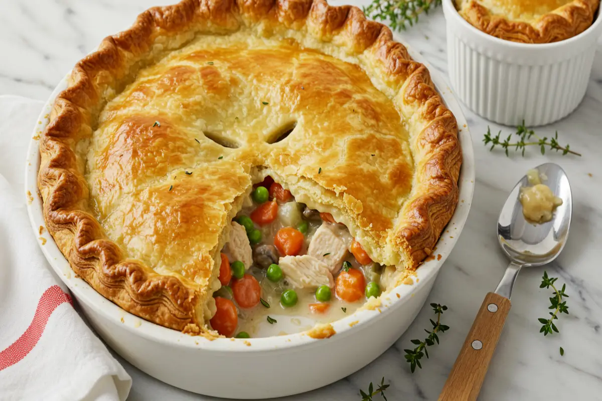 Close-up of flaky chicken pot pie with creamy chicken, peas, carrots.