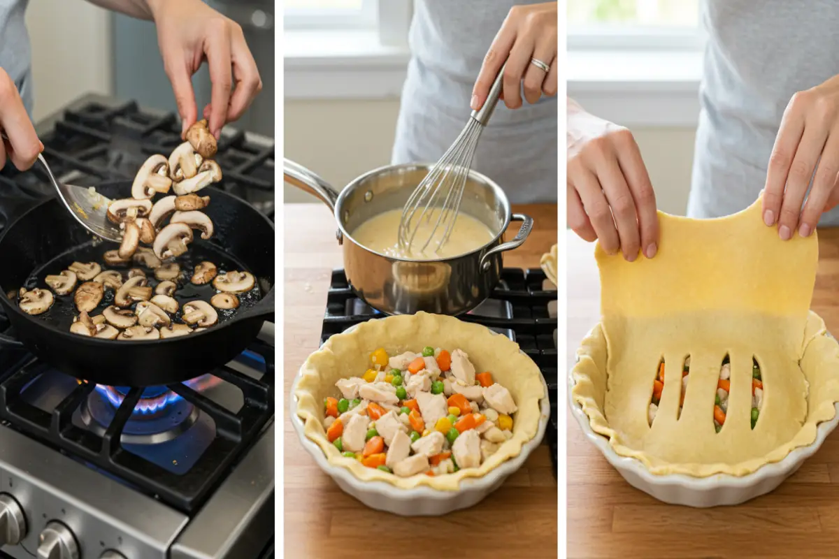 Step-by-step making healthy chicken pot pie: sauté mushrooms, whisk sauce, assemble.