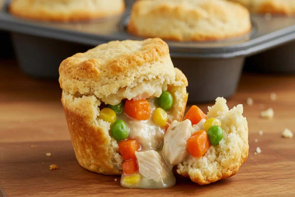 Close-up mini pot pie with creamy chicken-vegetable filling.