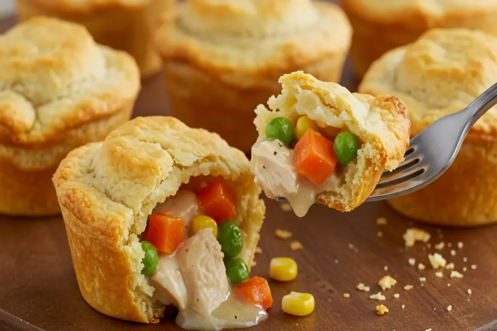 Mini chicken pot pie oozing filling, fork holding a bite.