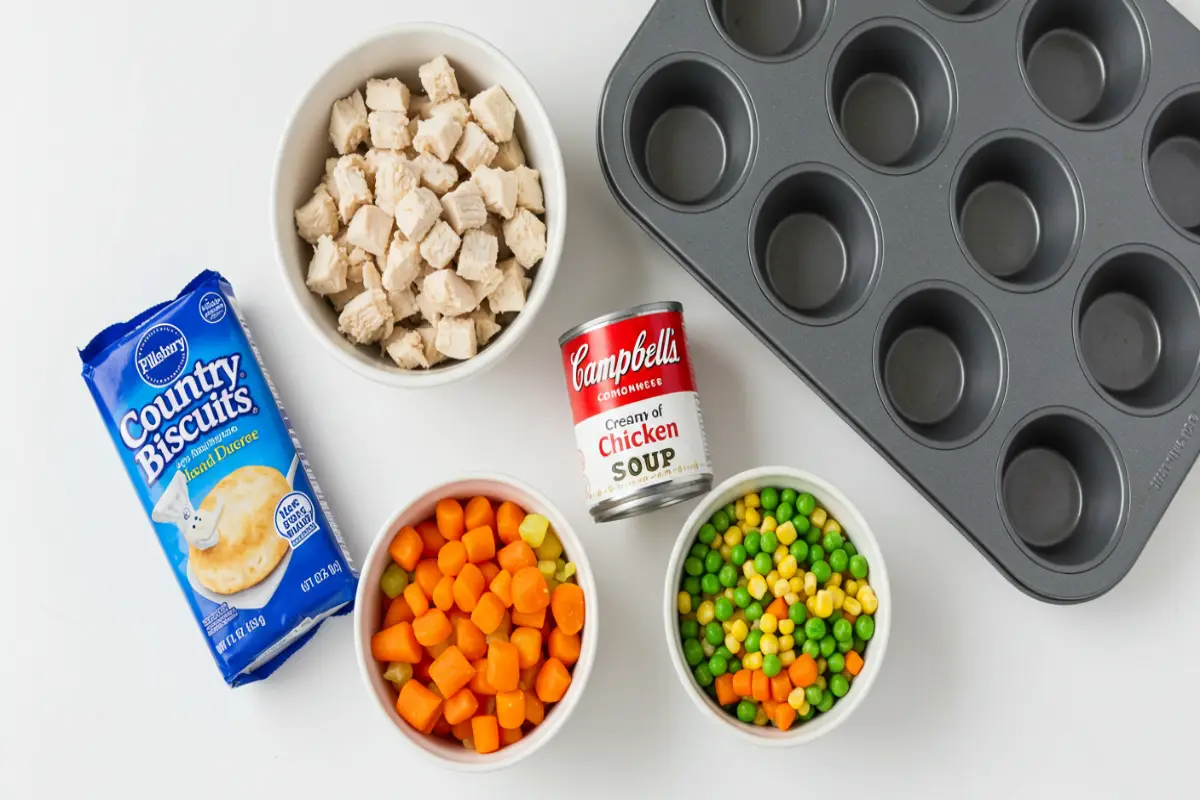Ingredients for mini chicken pot pies arranged beside a muffin tin.