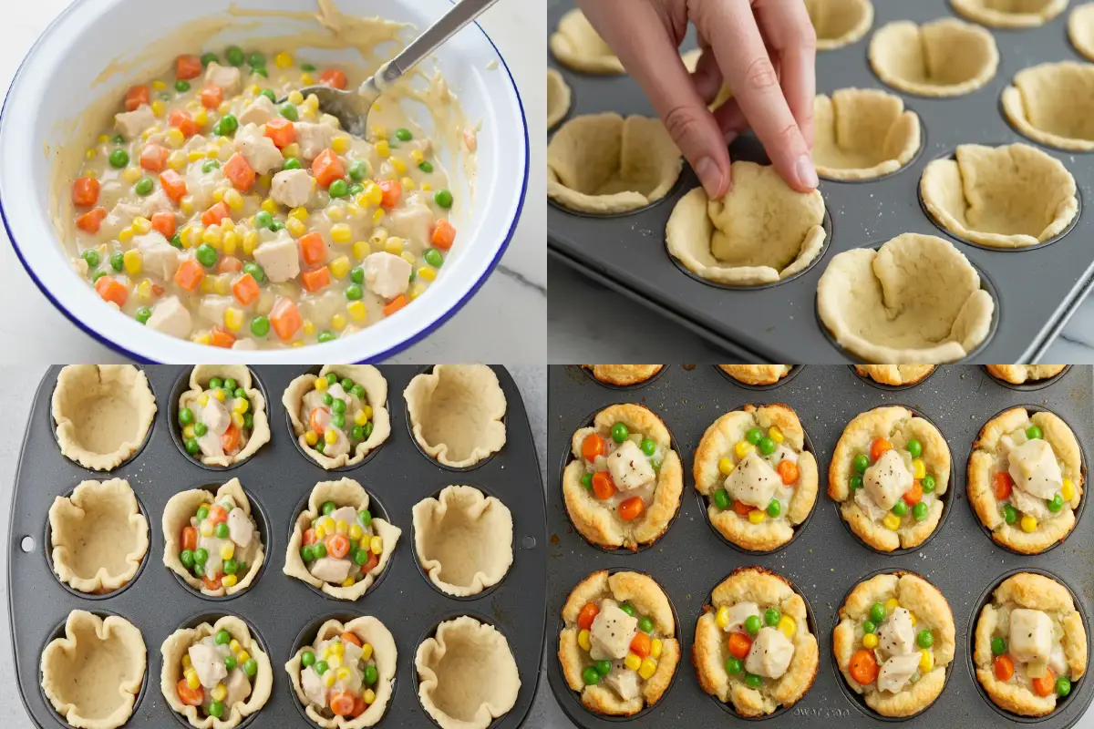 Collage showing mixing, lining dough, filling, and baking mini pot pies.