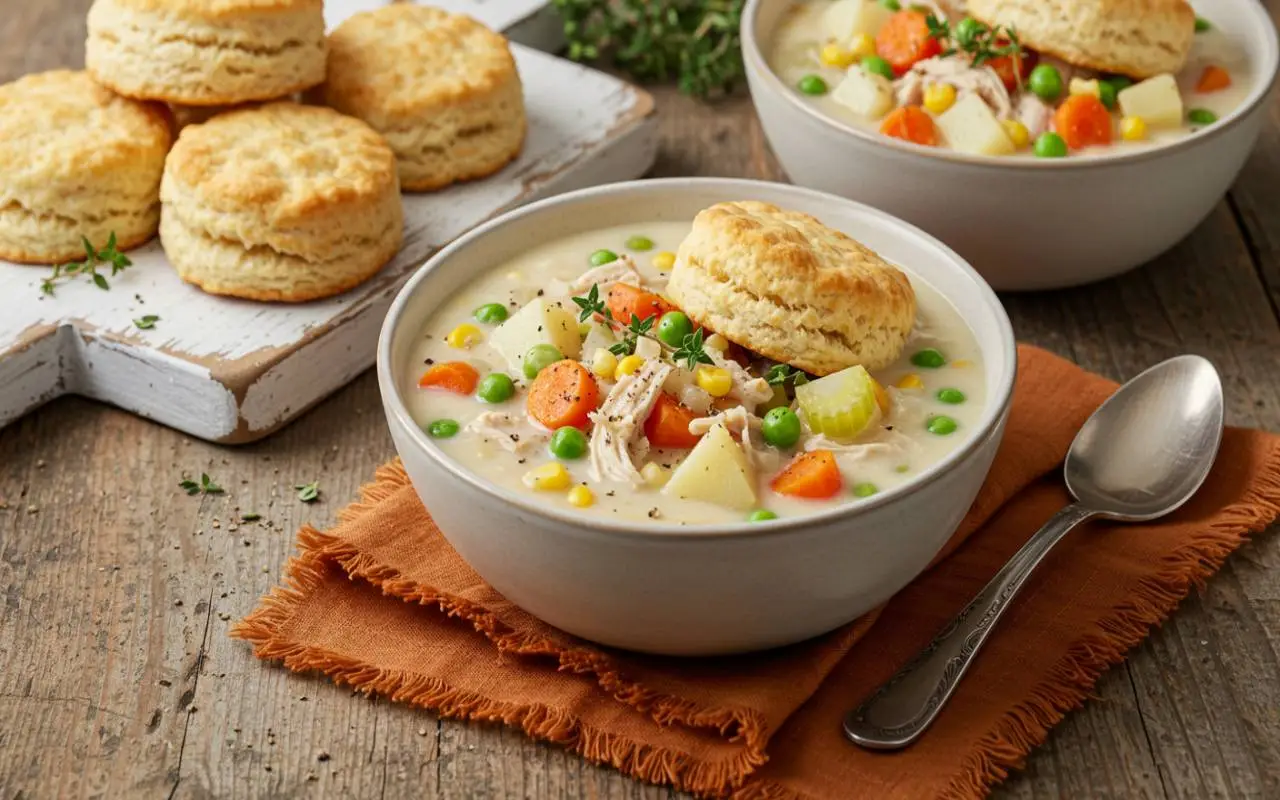 chicken-pot-pie-soup-serving Bowl of creamy chicken pot pie soup, biscuit