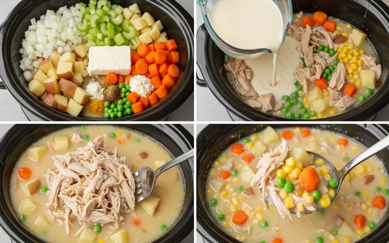 chicken-pot-pie-soup-steps Four-step slow cooker pot pie soup process