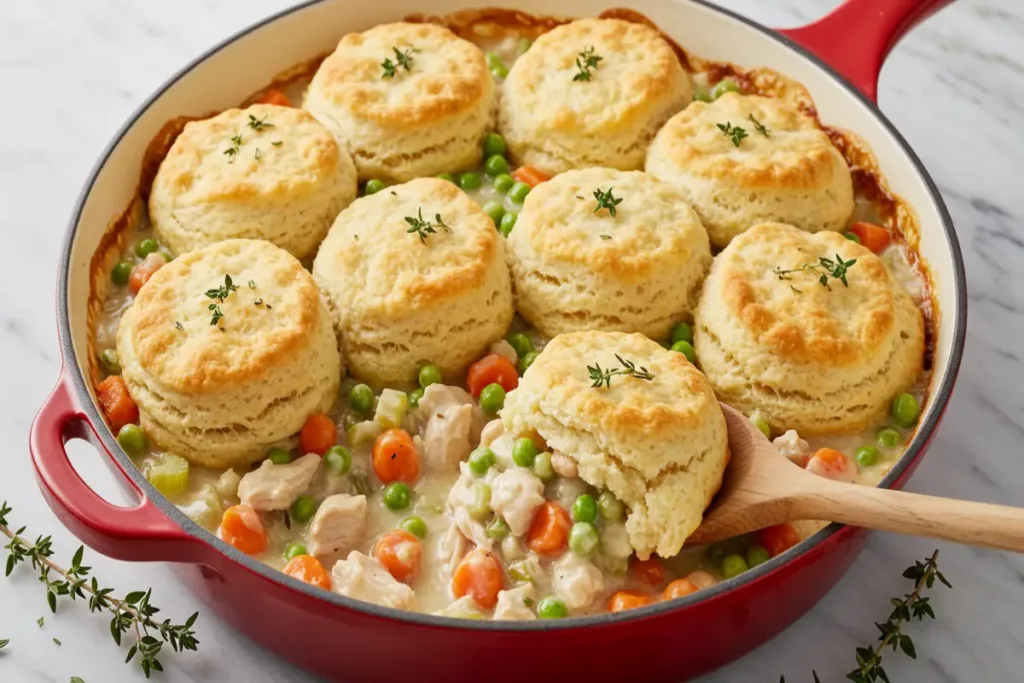 Skillet of chicken pot pie topped with golden biscuits and a wooden spoon.