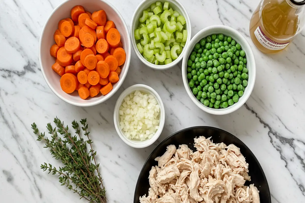 Pot pie ingredients in bowls: carrots, celery, shallots, peas, shredded chicken, and thyme.
