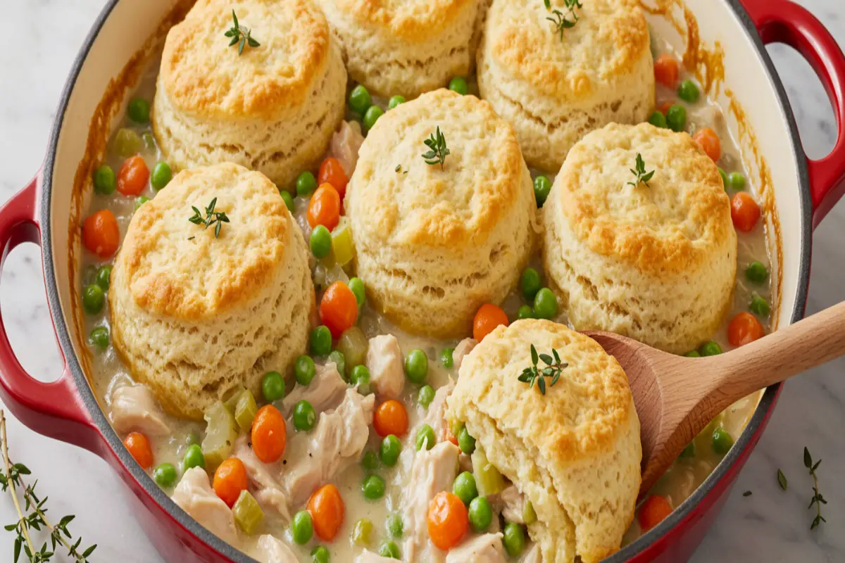 Close up of chicken pot pie with golden biscuits.