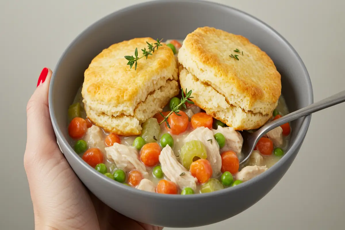 serving chicken pot pie with biscuit in bowl.