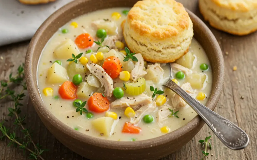 Creamy chicken pot pie soup with biscuits