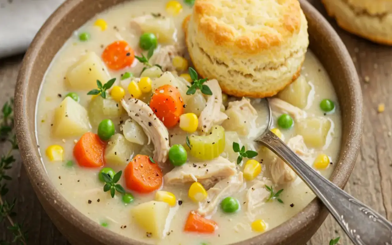 Chicken soup that comforts — Ultimate Slow-Cooker Pot Pie Soup 2 recipe card chicken soup in slow cooker