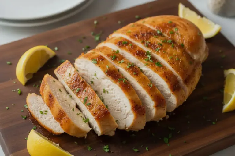 Air Fryer Chicken Breast That Stays Juicy Air Fryer Chicken Breast Juicy sliced air fryer chicken breast on a cutting board with lemon wedges