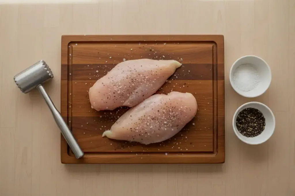 Air Fryer Chicken Breast That Stays Juicy Air Fryer Chicken Breast Raw chicken breasts seasoned with salt and pepper on a cutting board with a meat mallet