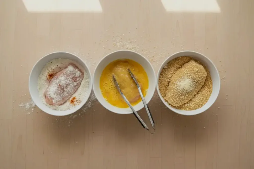 Air Fryer Chicken Breast That Stays Juicy Air Fryer Chicken Breast Chicken breast being coated in flour, egg wash, and breadcrumbs in a three-bowl station