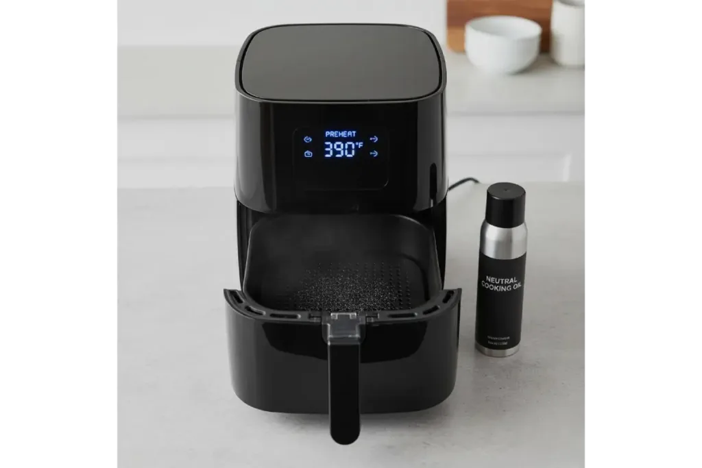 Air Fryer Chicken Breast That Stays Juicy Air Fryer Chicken Breast Air fryer preheating to 390°F with the basket open and oil spray beside it