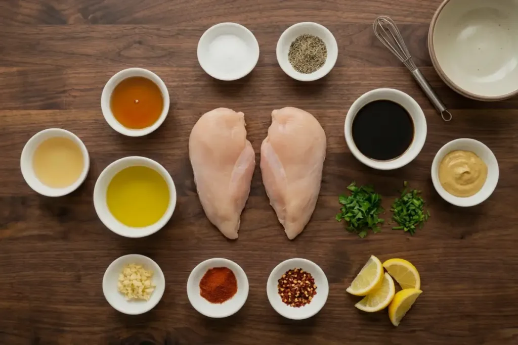 Air Fryer Maple Chicken Breast — Sticky-Sweet, Juicy, Fast Air Fryer Maple Chicken Breast Ingredients for making Air Fryer Maple Chicken Breast arranged on a wooden surface