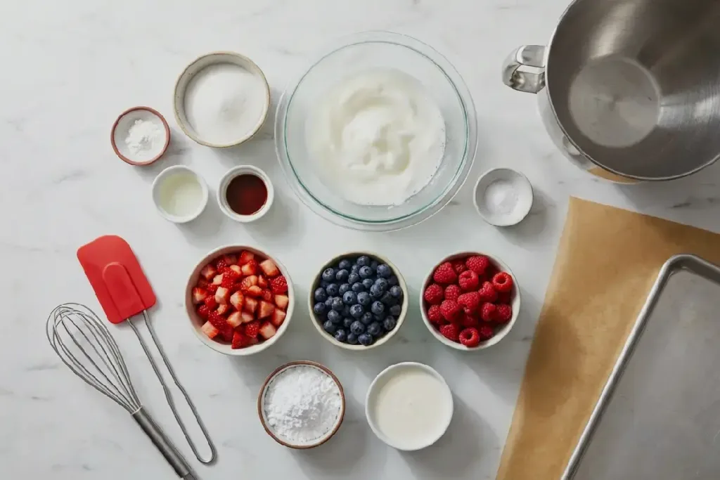 Holiday Berry Meringue Wreath ingredients on marble