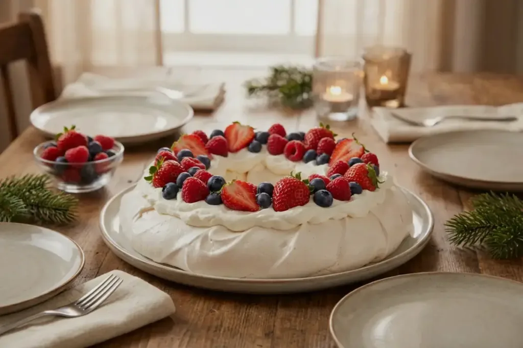 Holiday Berry Meringue Wreath on festive table