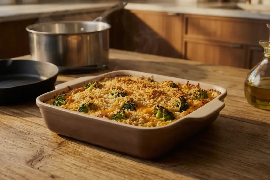 Cheesy Broccoli Casserole with golden toasted topping