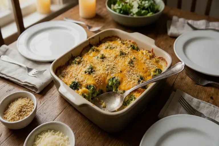 Cheesy Broccoli Casserole served in a ceramic dish