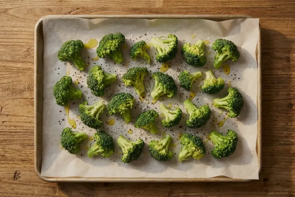 Broccoli florets seasoned on a parchment-lined baking sheet for roasting